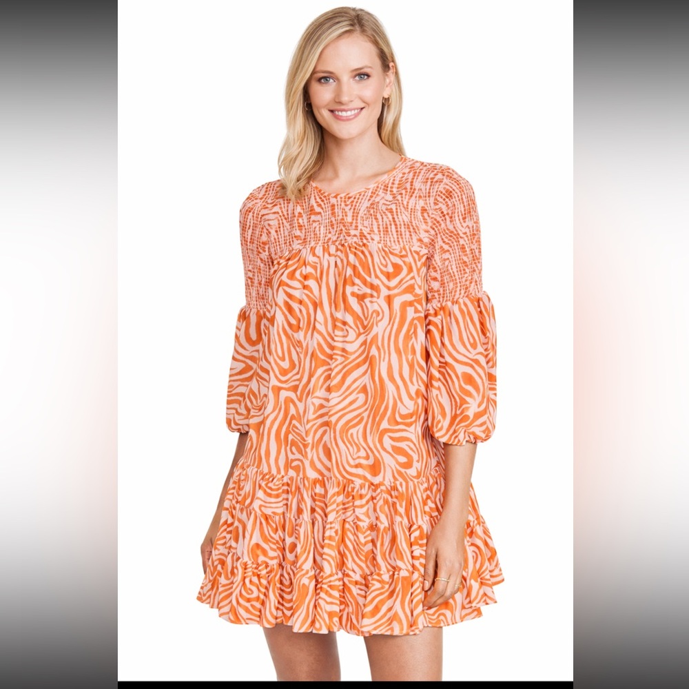 Cinq à Sept Rika Dress Orange Pink Zebra Print Smocked Billowed Sleeve Size 8